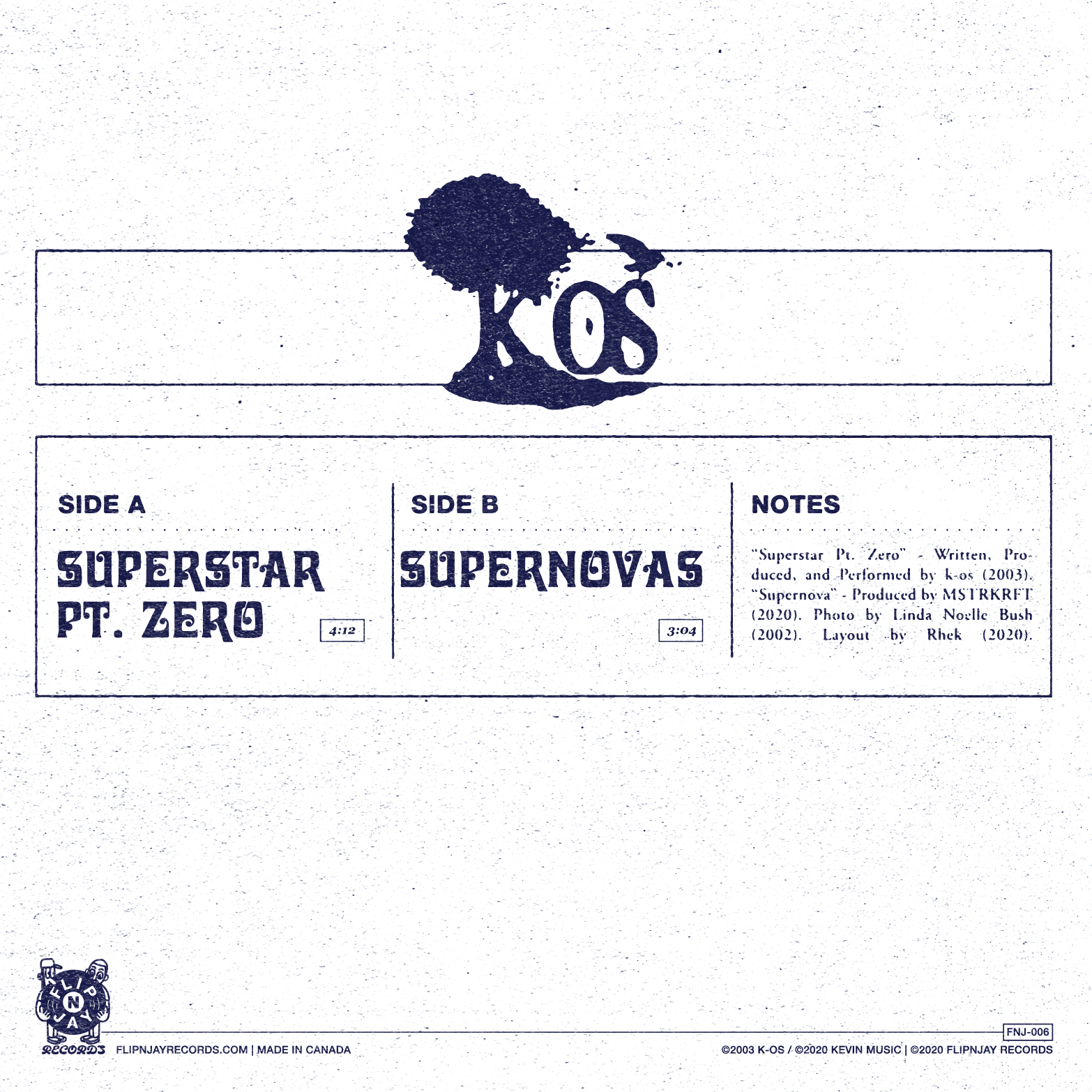 K-OS ‎– Superstar Pt. Zero / Supernovas FNJ-006) k-os “Superstar Pt. Zero” b/w 